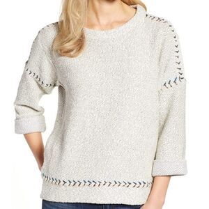 Lucky Brand Sweater Womens S/P Embroidered Pullover Baseball Stitch 3/4 Sleeve